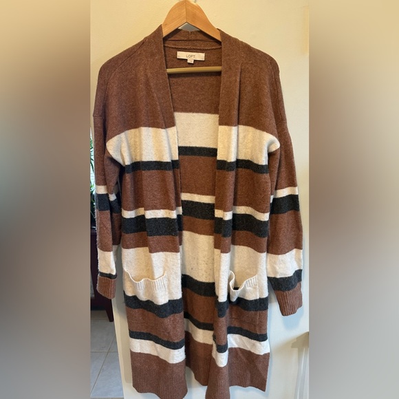 LOFT Sweaters - Boho Wool Long Open Cardigan Striped Cozy Sweater Size Medium